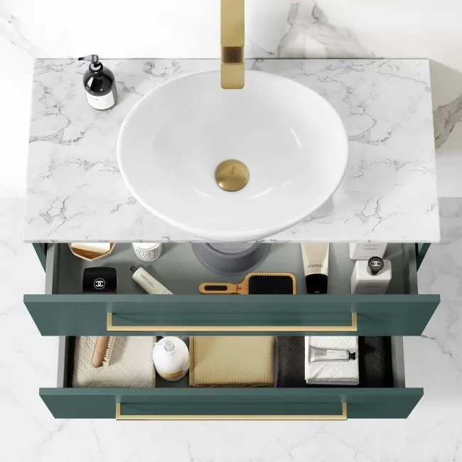 Elba Midnight Green Wall Hung Drawer Vanity with Marble Top & Oval Counter Top Basin 800mm - Brushed Brass Accents