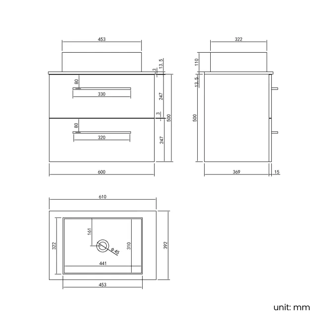 Elba Gloss White Wall Hung Drawer Vanity with Marble Top & Cody Basin 600mm - Black Accents