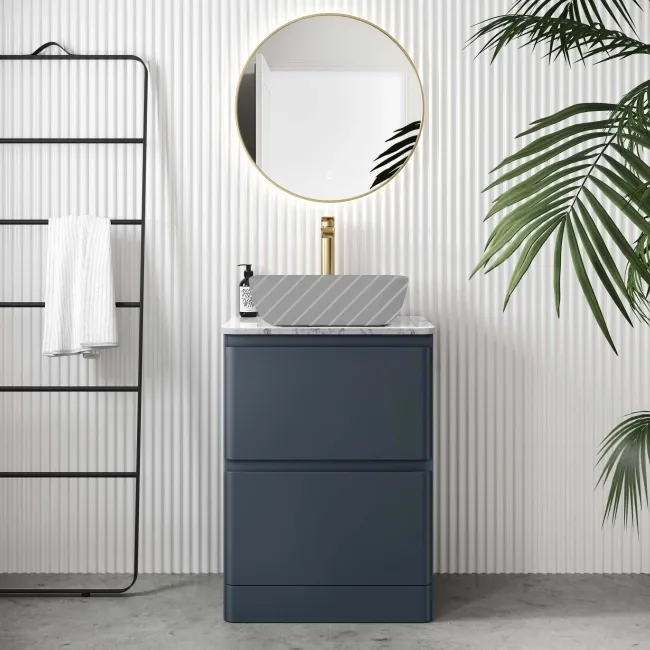 Corsica Inky Blue Drawer Vanity with Marble Top 600mm - Excludes Counter Top Basin