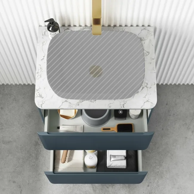 Corsica Inky Blue Drawer Vanity with Marble Top 600mm - Excludes Counter Top Basin