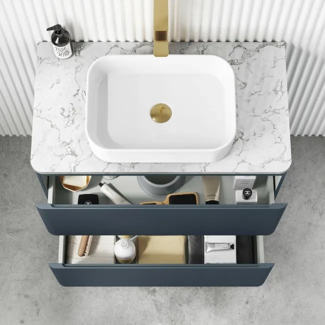 Corsica Inky Blue Vanity Drawer with Marble Top & Marin Basin 800mm