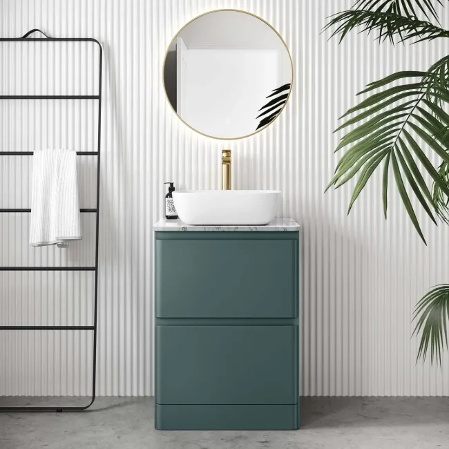 Corsica Midnight Green Vanity Drawer with Marble Top & Curved Counter Top Basin 600mm