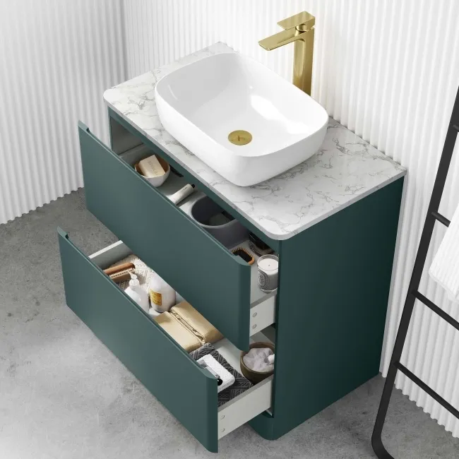 Corsica Midnight Green Vanity Drawer with Marble Top & Curved Counter Top Basin 800mm