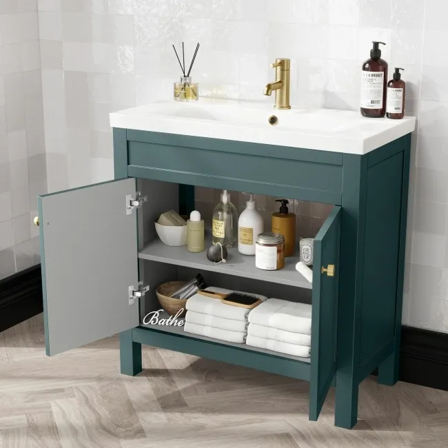 Bermuda Midnight Green Basin Vanity 800mm - Brushed Brass Accents