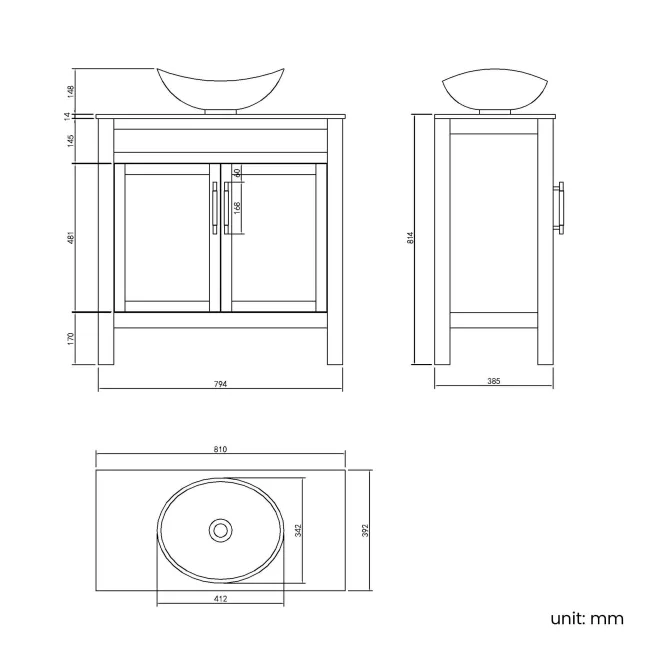 Bermuda Midnight Green Vanity with Marble Top & Oval Counter Top Basin 800mm - Brass Knurled Handles