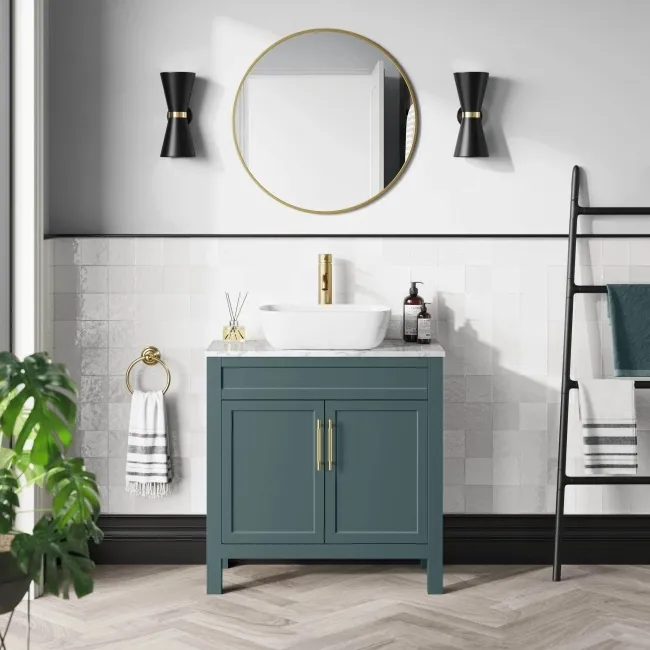 Bermuda Midnight Green Vanity with Marble Top & Curved Counter Top Basin 800mm - Brass Knurled Handles