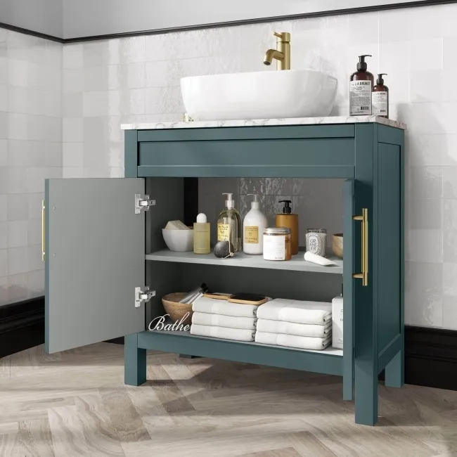 Bermuda Midnight Green Vanity with Marble Top & Curved Counter Top Basin 800mm - Brass Knurled Handles