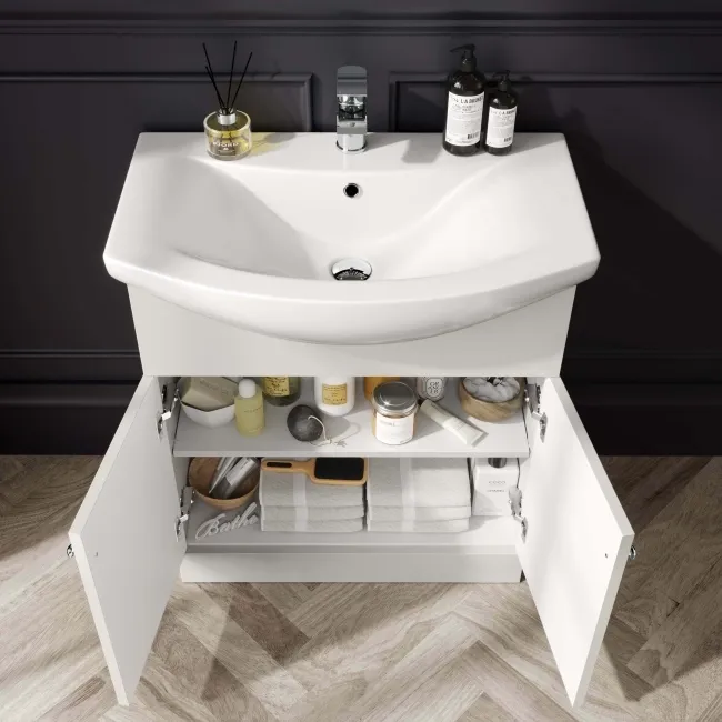 Capri Cotton White Vanity with Semi Recessed Basin 750mm - Chrome Handles