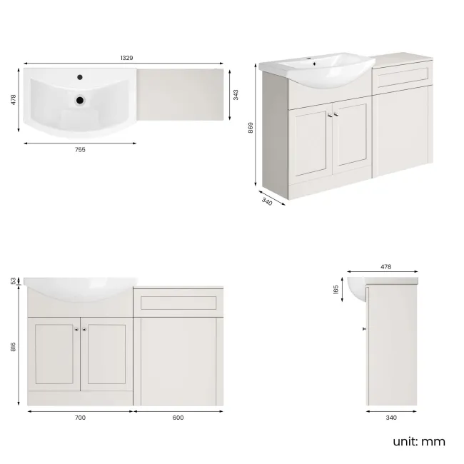 Capri Cotton White Basin Vanity and Back To Wall Unit 1350mm (Excludes Toilet) - Chrome Handles