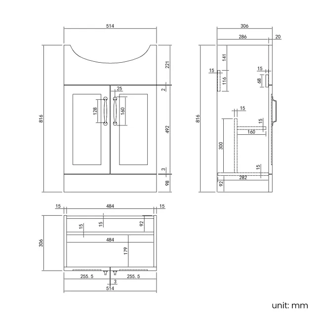 Capri Fog Grey Vanity with Semi Recessed Basin 550mm - Traditional Handles