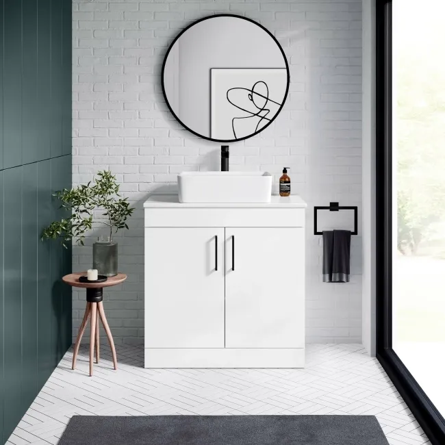 Mersey Gloss White Vanity with Troy Basin 800mm - Black Accents