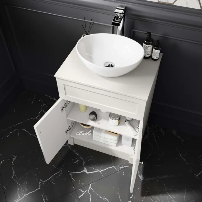 Milos Cotton White Vanity with Oval Basin 600mm - Brushed Handles