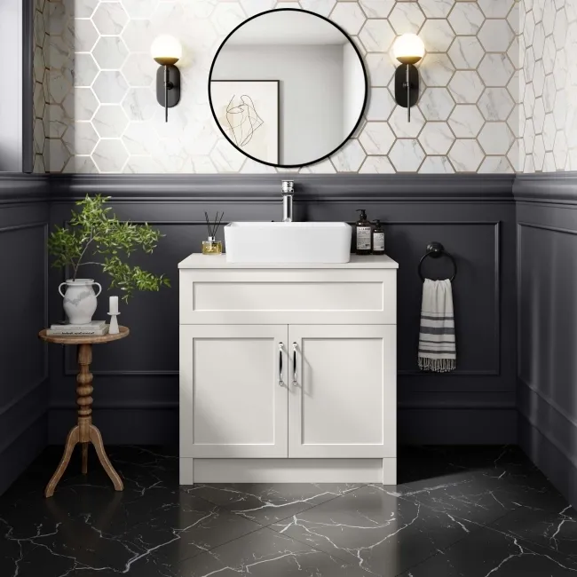 Milos Cotton White Vanity with Troy Basin 800mm - Traditional Handles