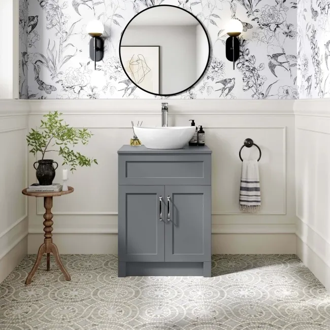 Milos Fog Grey Vanity with Oval Basin 600mm - Traditional Handles