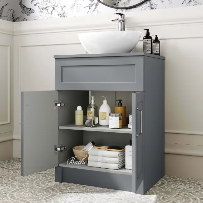 Milos Fog Grey Vanity with Oval Basin 600mm - Traditional Handles
