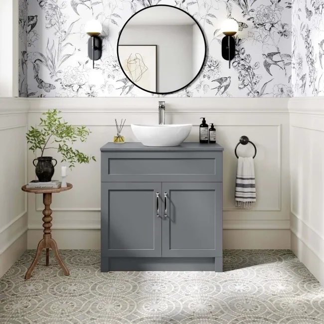 Milos Fog Grey Vanity with Oval Basin 800mm - Traditional Handles