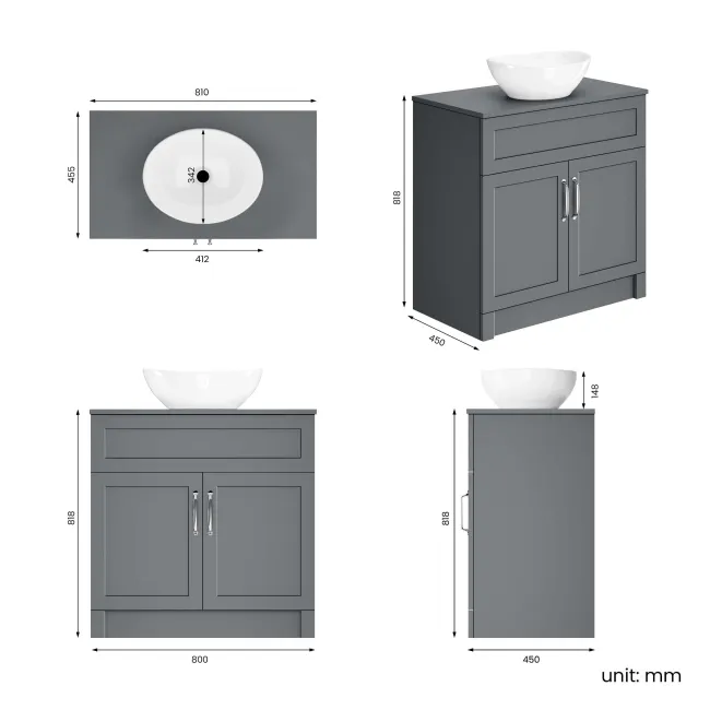 Milos Fog Grey Vanity with Oval Basin 800mm - Traditional Handles