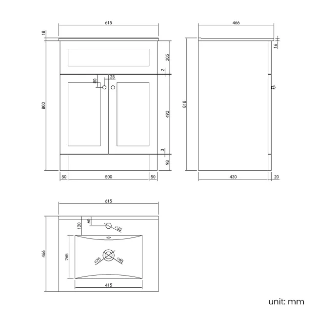 Milos Slate Grey Basin Vanity 600mm - Brushed Handles