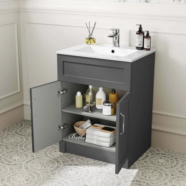 Milos Slate Grey Basin Vanity 600mm - Traditional Handles