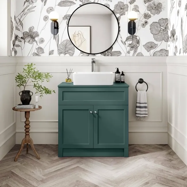 Milos Mystic Green Vanity with Troy Basin 800mm - Brushed Handles