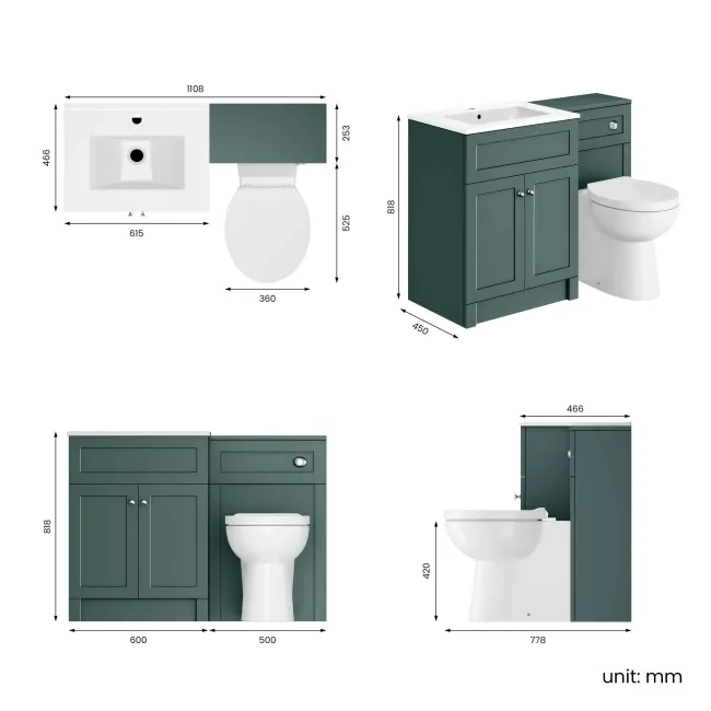 Milos Mystic Green Combination Vanity Basin and Austin Toilet 1100mm - Chrome Handles
