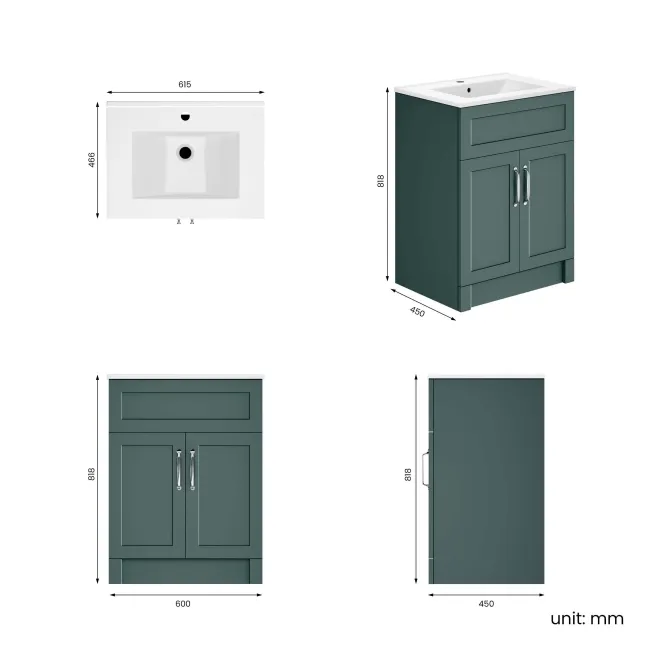 Milos Mystic Green Basin Vanity 600mm - Traditional Handles