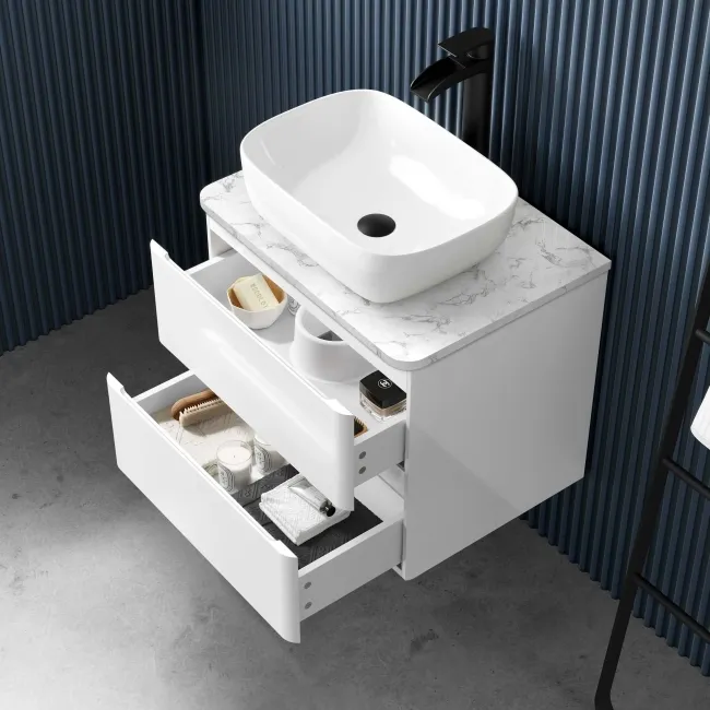 Corsica Gloss White Wall Hung Drawer Vanity with Marble Top & Curved Counter Top Basin 600mm