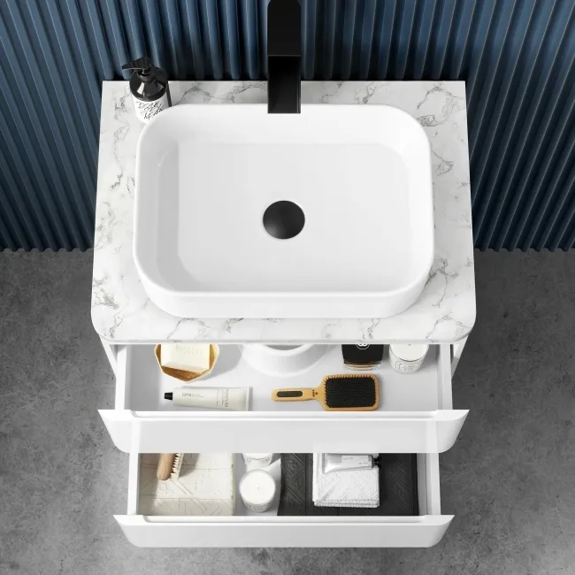 Corsica Gloss White Wall Hung Drawer Vanity with Marble Top & Marin Basin 600mm