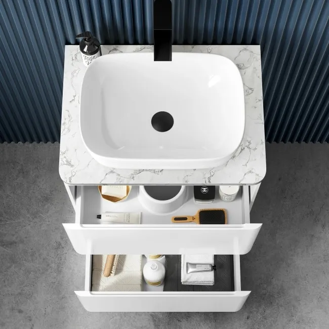 Corsica Gloss White Vanity Drawer with Marble Top & Curved Counter Top Basin 600mm