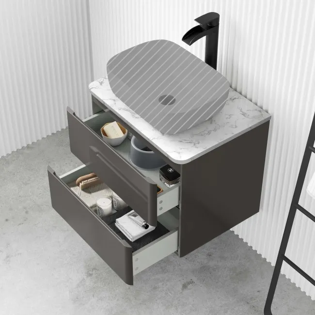 Corsica Tungsten Grey Wall Hung Drawer Vanity with Marble Top 600mm - Excludes Counter Top Basin