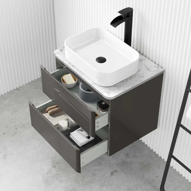 Corsica Tungsten Grey Wall Hung Drawer Vanity with Marble Top & Marin Basin 600mm