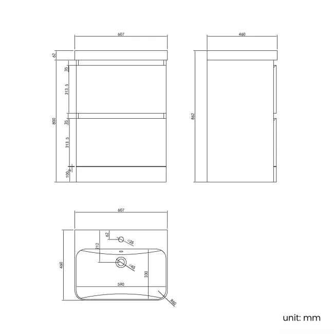 Corsica Tungsten Grey Basin Drawer Vanity 600mm
