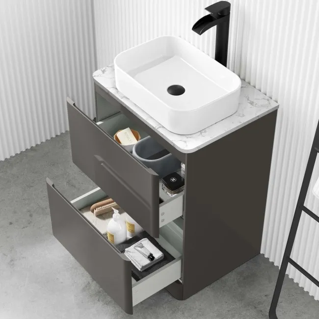 Corsica Tungsten Grey Vanity Drawer with Marble Top & Marin Basin 600mm