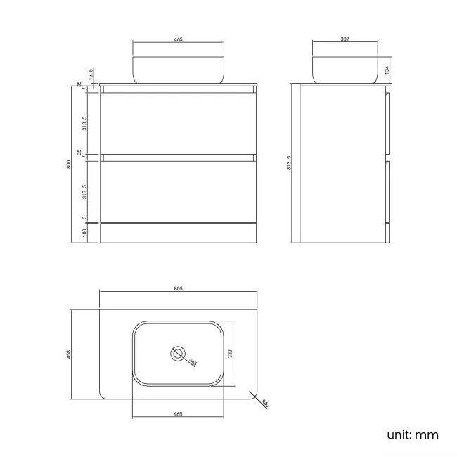 Corsica Tungsten Grey Vanity Drawer with Marble Top & Curved Counter Top Basin 800mm