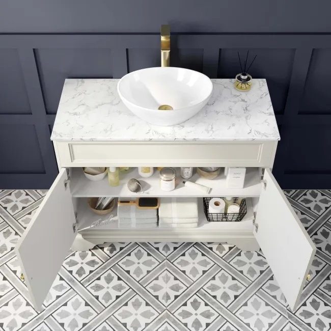 Lucia Chalk White Vanity with Marble Top & Oval Counter Top Basin 1030mm - Brushed Brass Accents