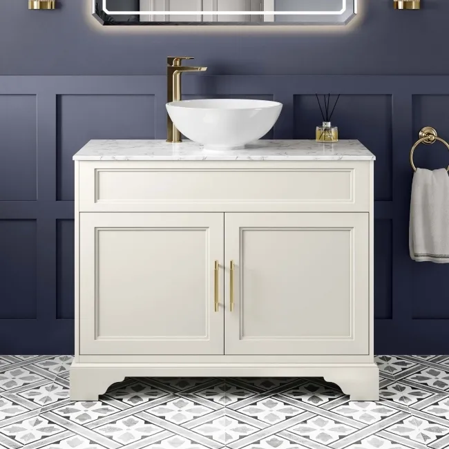 Lucia Chalk White Vanity with Marble Top & Round Counter Top Basin 1030mm - Brass Knurled Handles