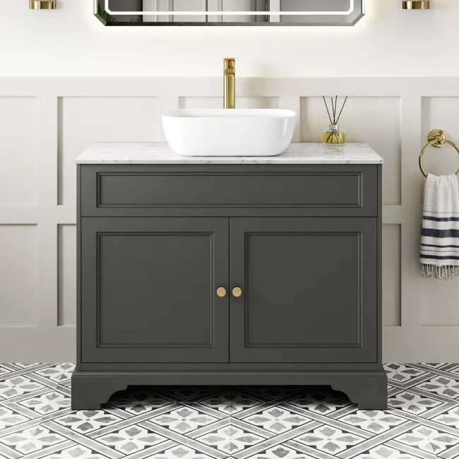 Lucia Graphite Grey Vanity with Marble Top & Curved Counter Top Basin 1030mm - Brushed Brass Accents
