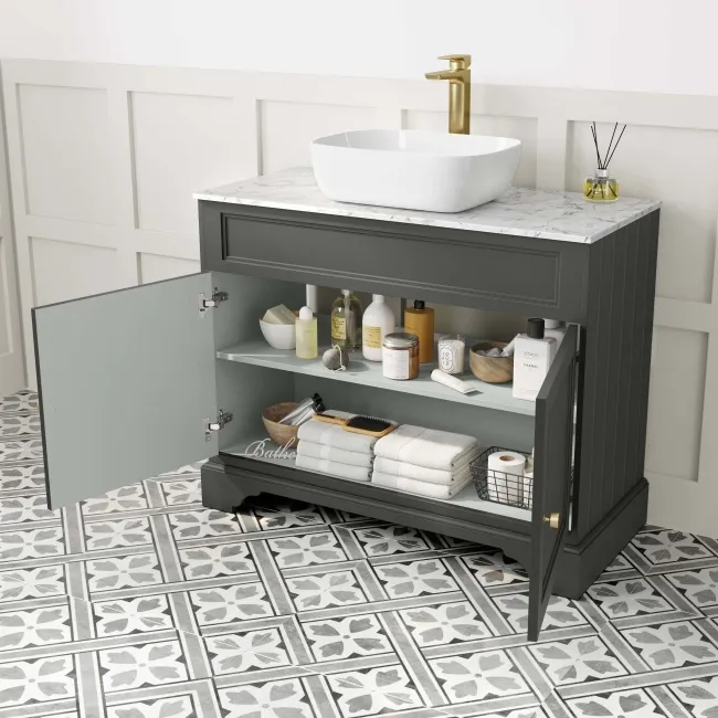 Lucia Graphite Grey Vanity with Marble Top & Curved Counter Top Basin 1030mm - Brushed Brass Accents