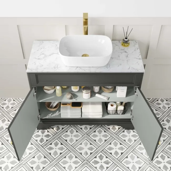 Lucia Graphite Grey Vanity with Marble Top & Curved Counter Top Basin 1030mm - Brushed Brass Accents