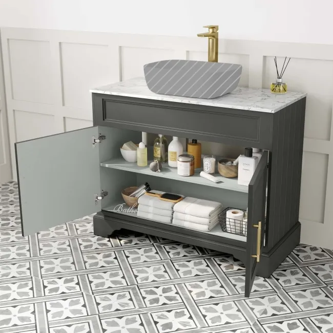 Lucia Graphite Grey Cabinet with Marble Top 1030mm (Excludes Counter Top Basin) - Brass Knurled Handles