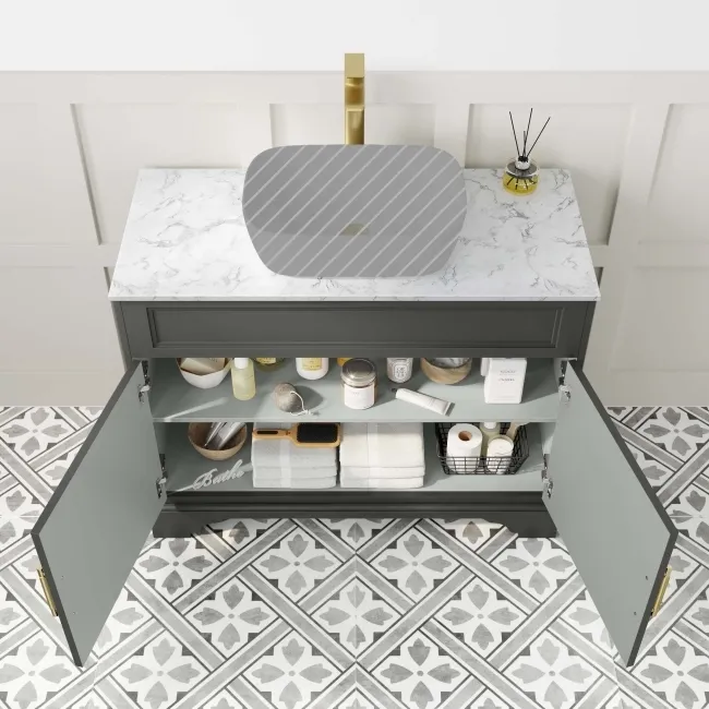 Lucia Graphite Grey Cabinet with Marble Top 1030mm (Excludes Counter Top Basin) - Brass Knurled Handles