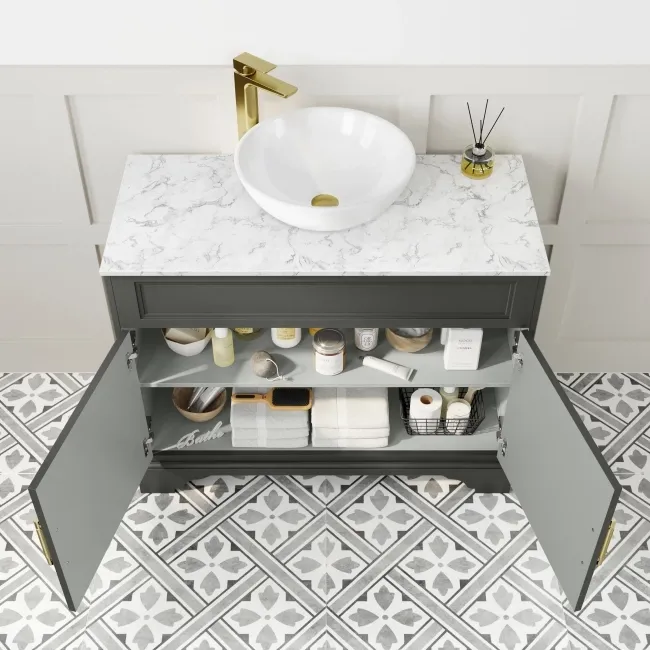 Lucia Graphite Grey Vanity with Marble Top & Round Counter Top Basin 1030mm - Brass Knurled Handles