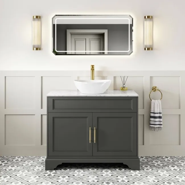 Lucia Graphite Grey Vanity with Marble Top & Oval Counter Top Basin 1030mm - Brass Knurled Handles