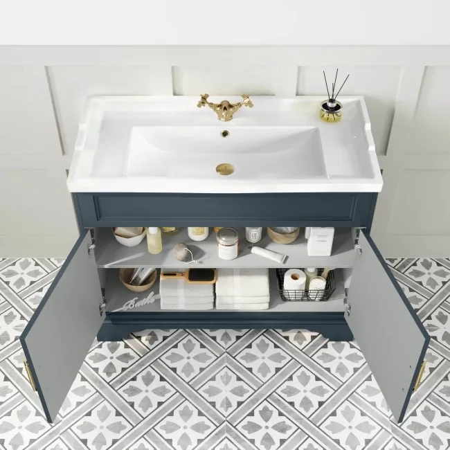 Lucia Inky Blue Basin Vanity 1030mm - Brass Knurled Handles