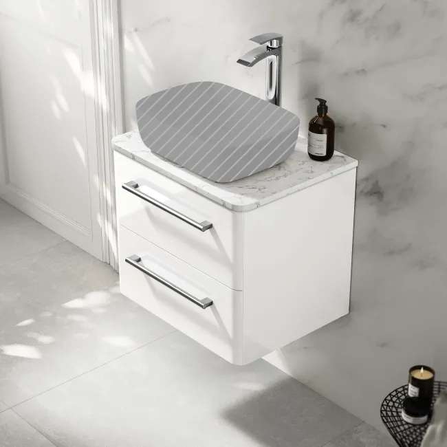 Omaha Gloss White Wall Hung Drawer Vanity with Marble Top 600mm - Excludes Counter Top Basin