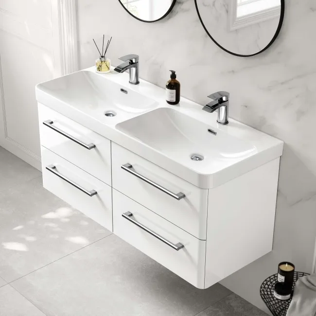 Omaha Gloss White Wall Hung Double Basin Drawer Vanity 1200mm