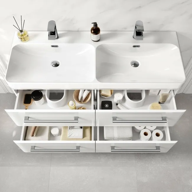 Omaha Gloss White Wall Hung Double Basin Drawer Vanity 1200mm