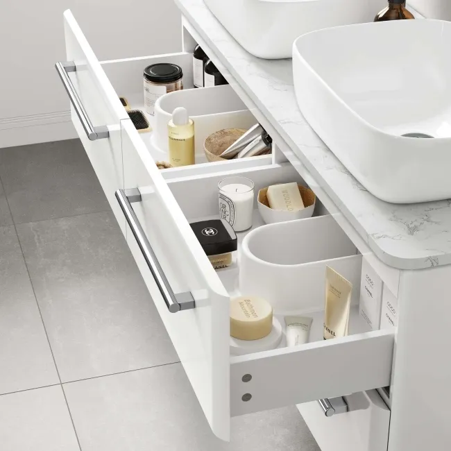 Omaha Gloss White Wall Hung Drawer Vanity with Marble Top & Curved Counter Top Basin 1200mm