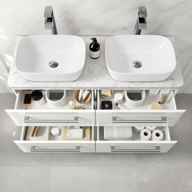 Omaha Gloss White Wall Hung Drawer Vanity with Marble Top & Curved Counter Top Basin 1200mm