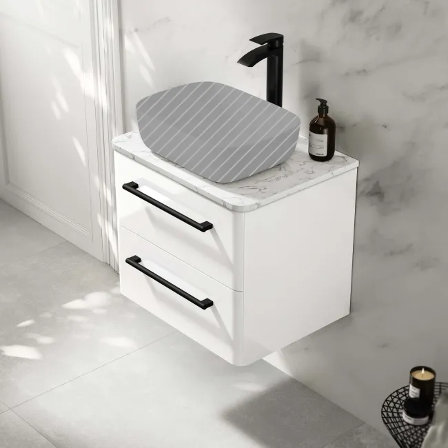 Omaha Gloss White Wall Hung Drawer Vanity with Marble Top 600mm (Excludes Counter Top Basin) - Black Accents